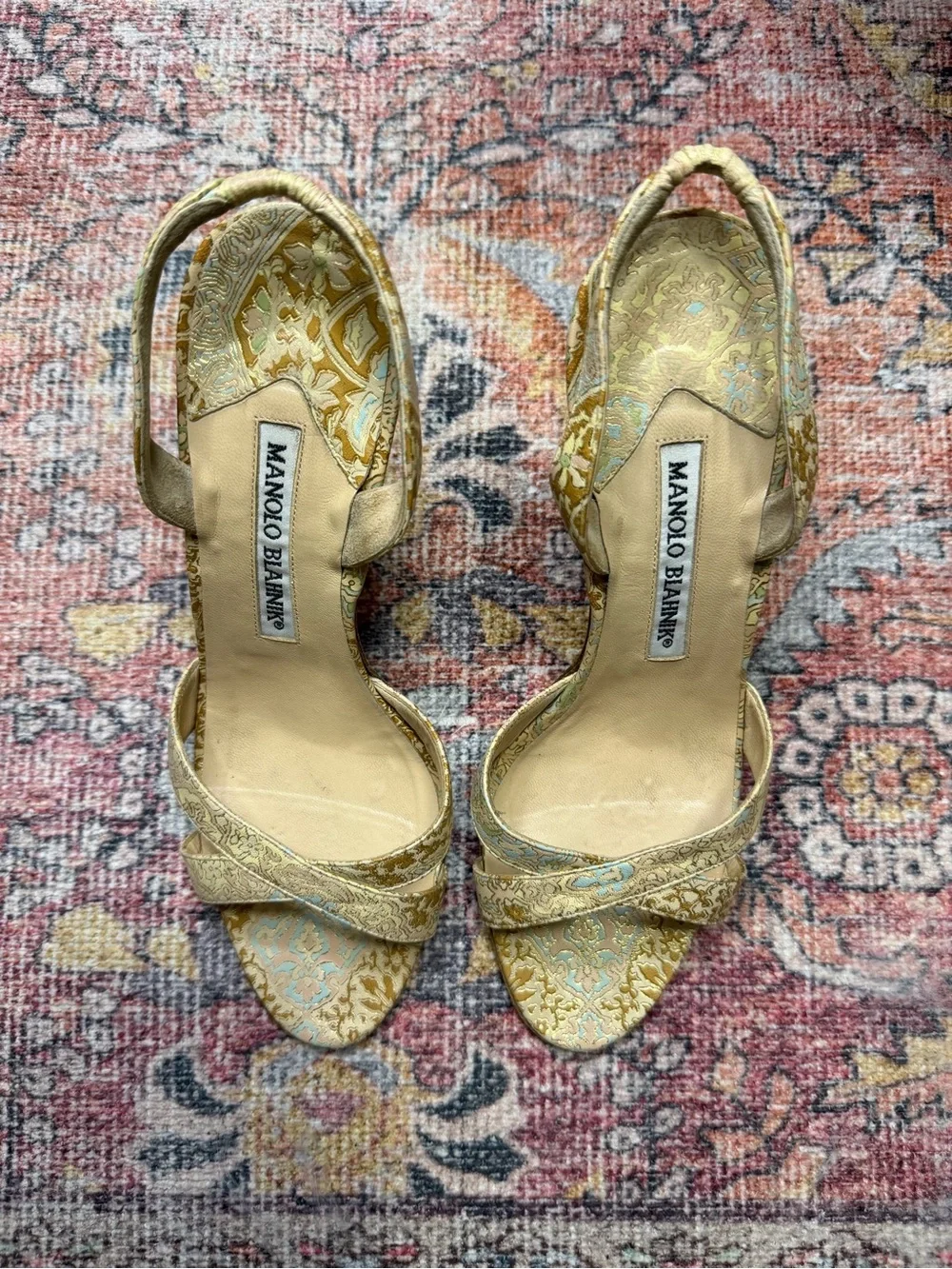 Vintage Manolo Blahnik Gold Floral Slingback Heeled Sandals